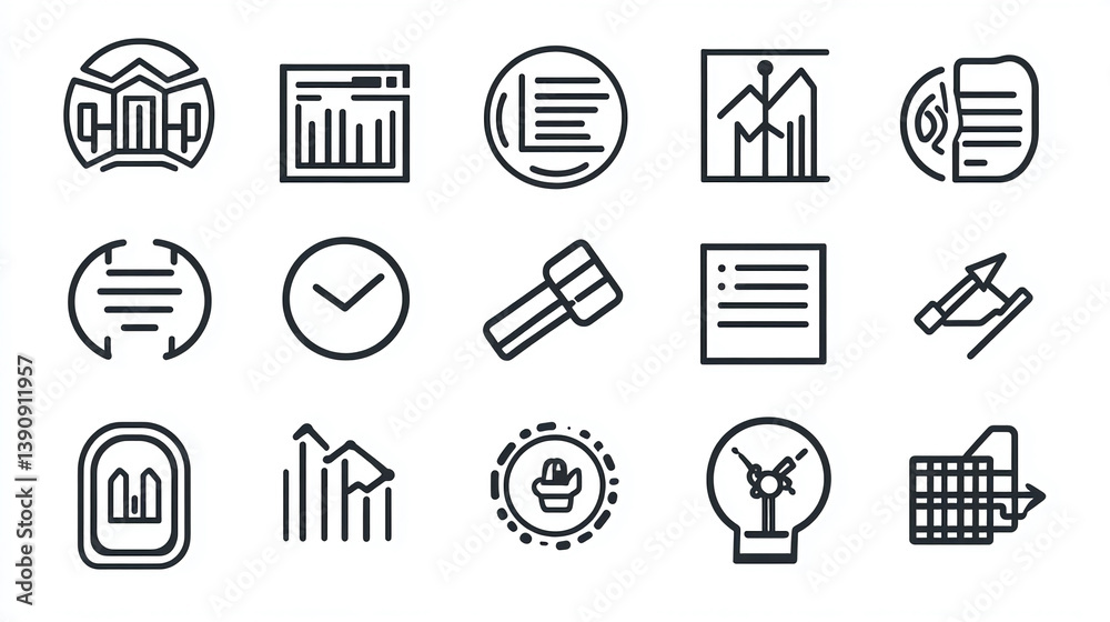 Collection of business icons representing data analysis finance and investment with graph and chart elements Collection of business icons representing data analysis finance and investment with graph and chart elements