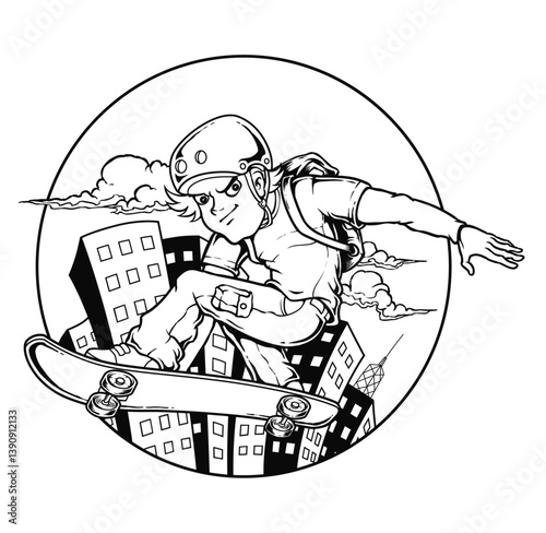 Skateboarder Soaring High: A dynamic illustration of a skateboarder in mid-air, executing a daring trick amidst a cityscape, capturing the thrill of urban action and athleticism.