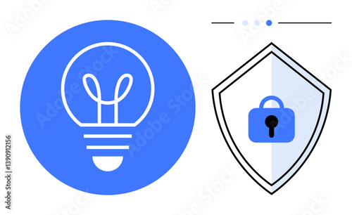 Light bulb representing ideas next to shield with lock symbolizing security. Ideal for innovation, protection, cybersecurity, data privacy, intellectual property, secure solutions, tech safety