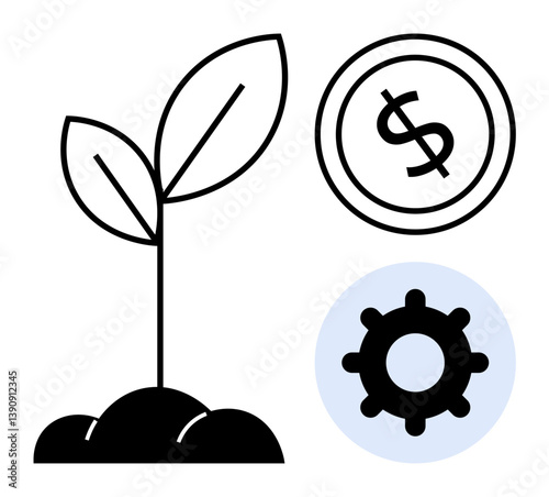 Sapling symbolizing growth, coin denoting finance, and gear representing productivity. Ideal for sustainability, investment, business, innovation, economy entrepreneurship development. Flat simple