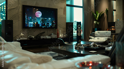 A wide shot of a modern and minimalist living room featuring a large television screen displaying a colorful smart TV interface, a grey sofa and ottoman, a white media console, plants, and sleek audio photo