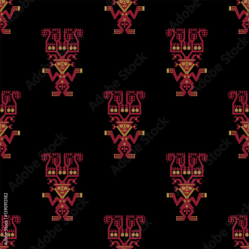 Seamless ethnic pattern with ancient Peruvian indigenous design. Fantastic human figurines with antlers or headgears from Chimu textile.