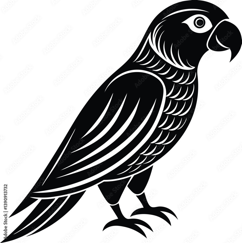 Obraz premium Minimalist Black & White Parrot Silhouette – Vector-Style Graphic Art