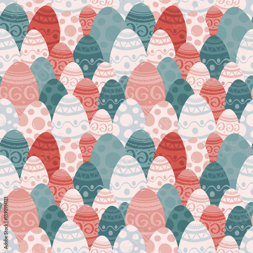 Vector seamless pattern of many colorful Easter eggs icons all over design. Holiday elements set. Simple cartoon background. Cute hand drawn festive art. Funny kids print for packaging, textile, card