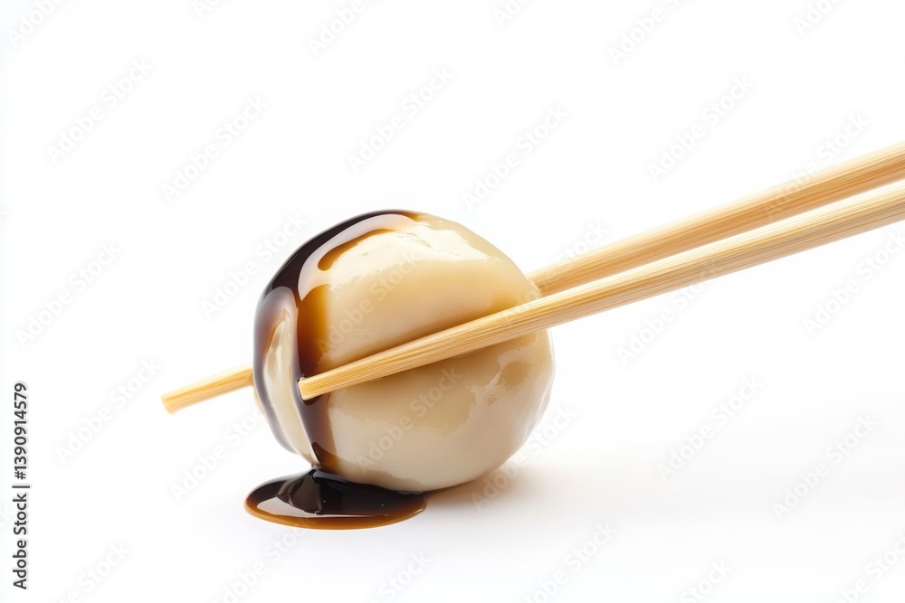 Close up of dango with sauce held by chopsticks on white background Close up of dango with sauce held by chopsticks on white background
