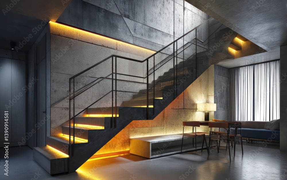 A modern staircase with LED lighting embedded in the steps, highlighting the sleek metal railing A modern staircase with LED lighting embedded in the steps, highlighting the sleek metal railing