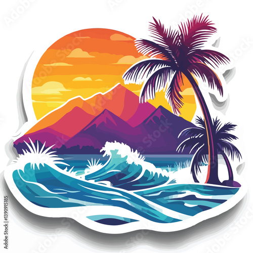 Colorful vector illustration of a tropical beach scene featuring vivid palm trees, ocean waves, and a bright sunset over majestic mountains. Designed in bold, saturated tones of pink, orange, blue, an