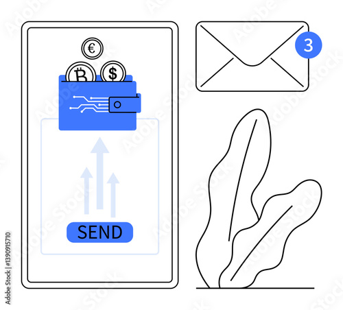 Mobile screen with digital wallet containing currency symbols, upward arrows, send button, notification envelope, and plant. Ideal for fintech, savings, remittance, notifications transactions