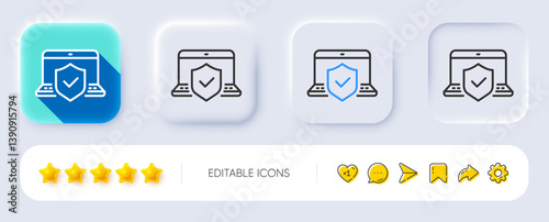 Laptop insurance hand line icon. Neumorphic, Flat shadow, 3d buttons. Risk coverage sign. Notebook protection symbol. Line laptop insurance icon. Social media icons. Vector