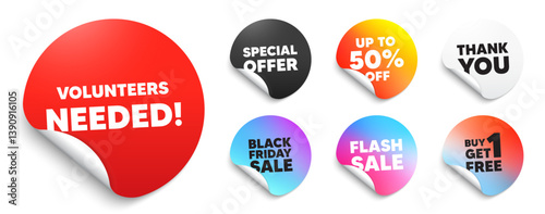 Volunteers needed red sticker tag. Special offer paper price tags. Volunteers needed tag. Volunteering service sign. Charity work symbol. Discount, black friday sticker. Promo banner. Vector