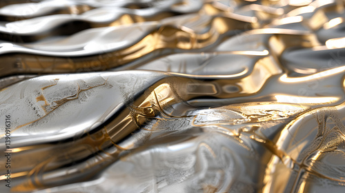  An abstract, textured background featuring swirling, metallic-looking forms in shades of grey, silver, and rust orange, creating a sense of depth and movement photo