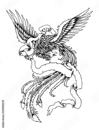 Phoenix Rising: Intricate illustration of a phoenix, a symbol of rebirth, with its wings dramatically spread, showcasing a powerful symbol of hope and transformation.