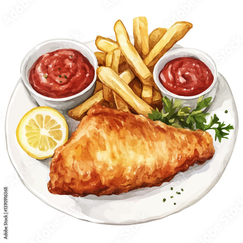 A watercolor painting of Fish and Chips, isolated on a white background. Fish and Chips vector

