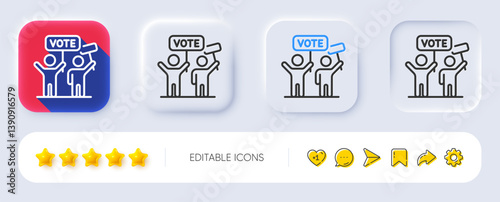Voting campaign line icon. Neumorphic, Flat shadow, 3d buttons. People rally with signs. Public election symbol. Line voting campaign icon. Social media icons. Vector