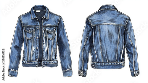 Denim jacket illustration front and back view fashion apparel clothing style outerwear casual wear design