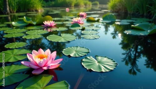 Water lilies forming a natural floral pattern on a lake, natural pattern, aquatic plants, pink