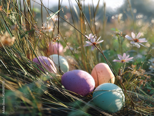 Pastel Easter Eggs Hidden in Spring Grass