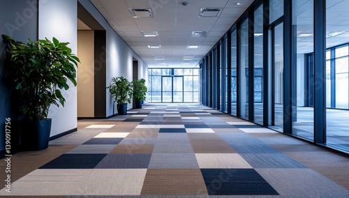 Modern office corridor with patterned carpet and glass walls