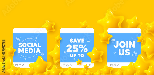Discount social media post. Join us template mockup. Save up to 25 percent tag. Discount Sale offer price sign. Special offer symbol. Like, comment and share icons. Vector