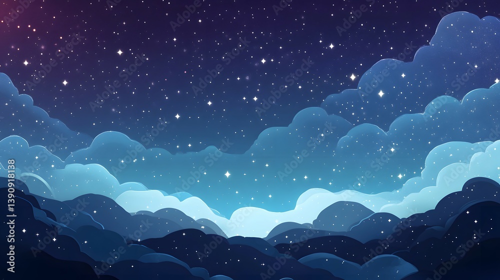 Obraz premium Cartoon illustration shows a night sky with clouds and stars in blue.
