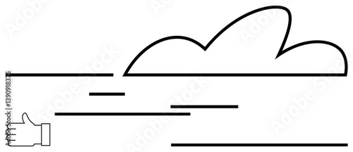 Thumbs up symbol under a minimalist cloud with motion-thumbs up horizontal lines. Ideal for feedback, approval, speed, efficiency, cloud computing, teamwork, positivity themes. Flat simple metaphor