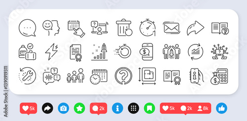 Teamwork question, Help and Recovery trash line icons pack. Social media: share, comment, like icons. Partnership, Power, Update data web icon. Vector