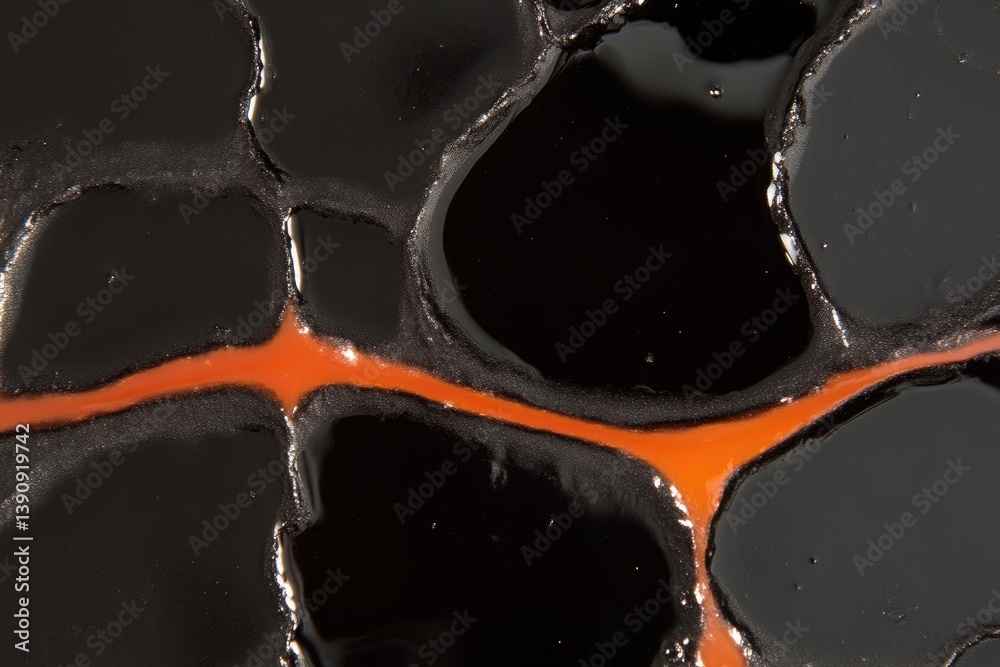 Close-up view of a textured surface with black and orange details. Intricate patterns, like scales or segments Close-up view of a textured surface with black and orange details. Intricate patterns, like scales or segments