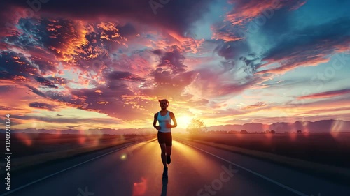 Morning Runner on Paved Road at Sunrise Embodying the Beauty of Early Exercise under Colorful Sky. Concept Running, Exercise, Sunrise, Paved Road, Colorful Sky