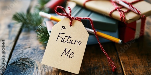 Holiday gift tag inspiring self-reflection with school supplies stacked for future aspirations