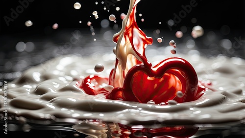 A red heart-shaped object is seen splashing into a pool of white liquid