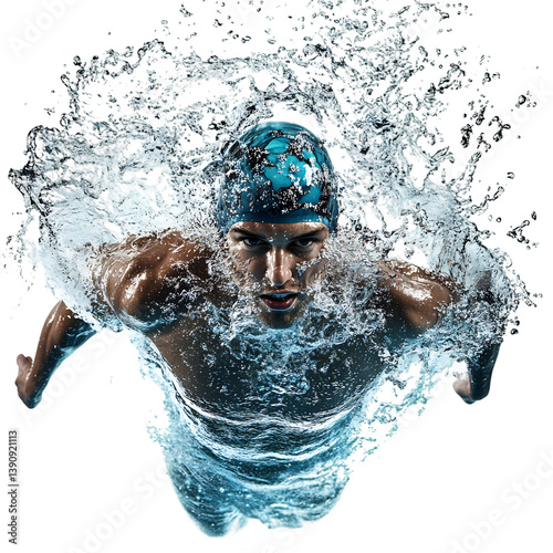 A Swimmer Emerging from the Water with a Powerful Stroke Isolated on Transparent Background