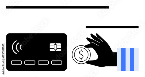 Credit card with wireless payment symbol, hand holding coin, emphasizing fintech, cashless economy, financial services, e-commerce, savings, and modern banking. Ideal for payment methods finance