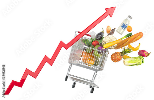 Food products flying out of shopping cart with growing red arrow. Rising Supermarket prices and food cost or grocery price, concept. 3D rendering isolated on transparent background