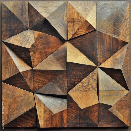 Wallpaper Mural Geometric wood panel art.  A striking, modern piece featuring intricate, three-dimensional, triangular shapes carved from rich, dark wood.  Torontodigital.ca