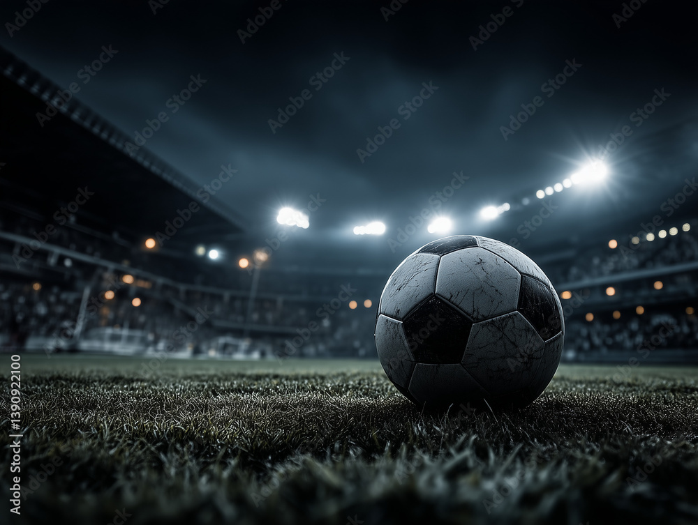 Obraz premium Soccer ball sits on the field at night