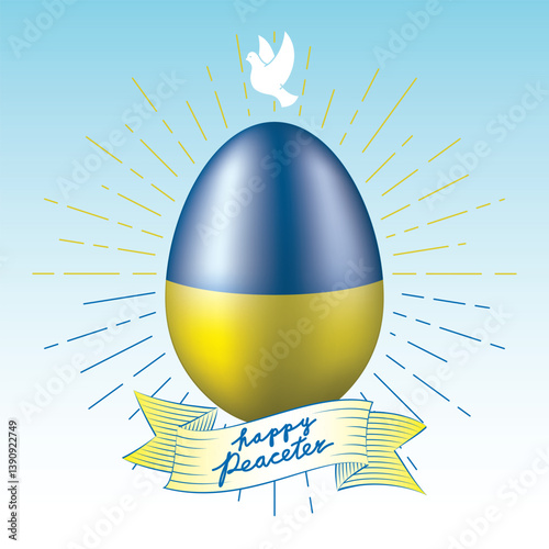 Happy Peaceter Concept as Peace Merged with Easter Logo on Ribbon and Egg and Dove Symbols - National Colors of Ukraine on Blue Background with Sunburst - Mixed Graphic Design