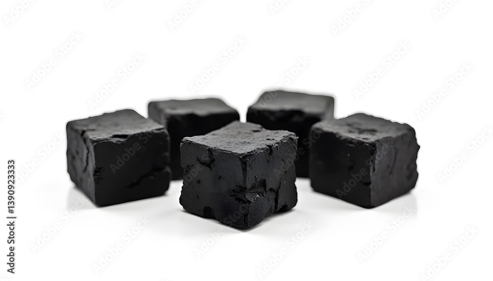 Coconut charcoal on a white background. Coconut coal cubes for hookah close-up Coconut charcoal on a white background. Coconut coal cubes for hookah close-up