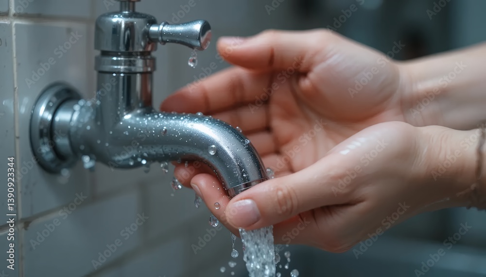 Close-up of Hands Turning Off a Dripping Faucet Water Conservation and Sustainability Close-up of Hands Turning Off a Dripping Faucet Water Conservation and Sustainability