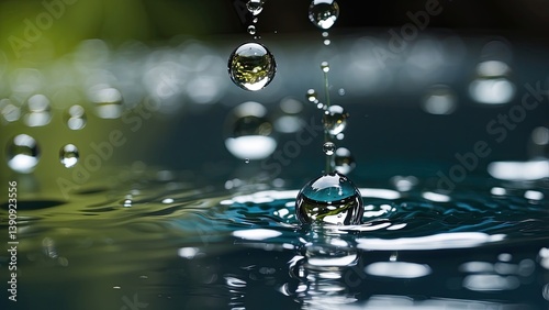 Close-up shot of a water droplet splashing into a calm body of water
