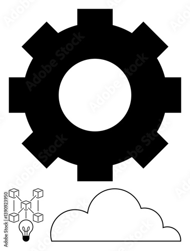 Large gear, cloud, blockchain cubes, and light bulb symbolizing innovation, cloud computing, and technological systems. Ideal for digital transformation, technology, creativity collaboration