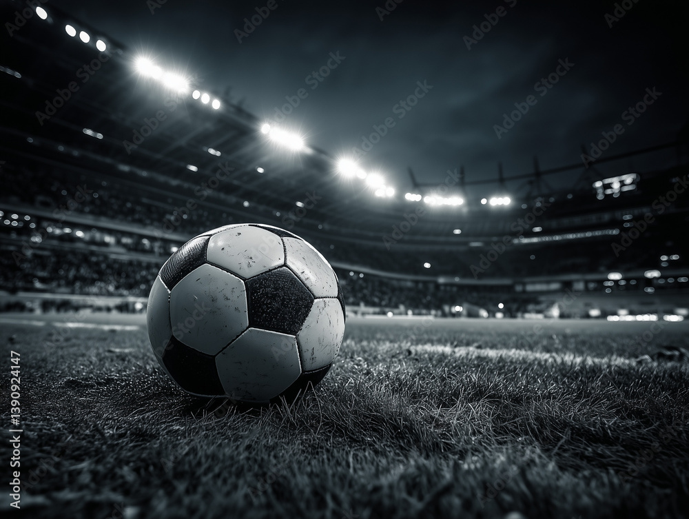 Obraz premium Soccer ball sits on the field at night