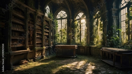 abandoned library with tall bookshelves filled with dusty books.
