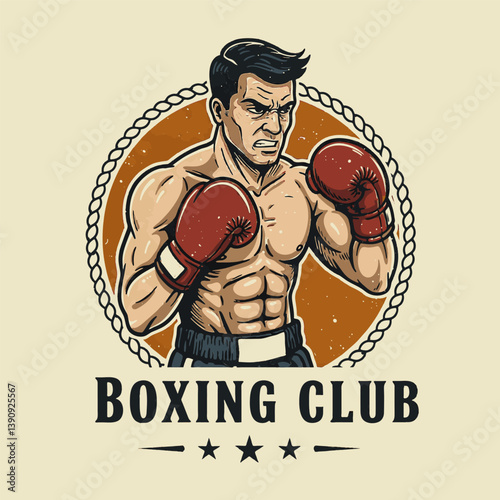 A muscular boxer stands poised with red gloves, exuding strength and focus. The boxing club background features a classic vintage design, perfect for training and competition.