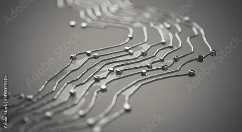 Abstract Close-Up of Flowing Metallic Lines and Nodes Resembling Electronic Circuit Traces on a Smooth Grey Reflective Surface