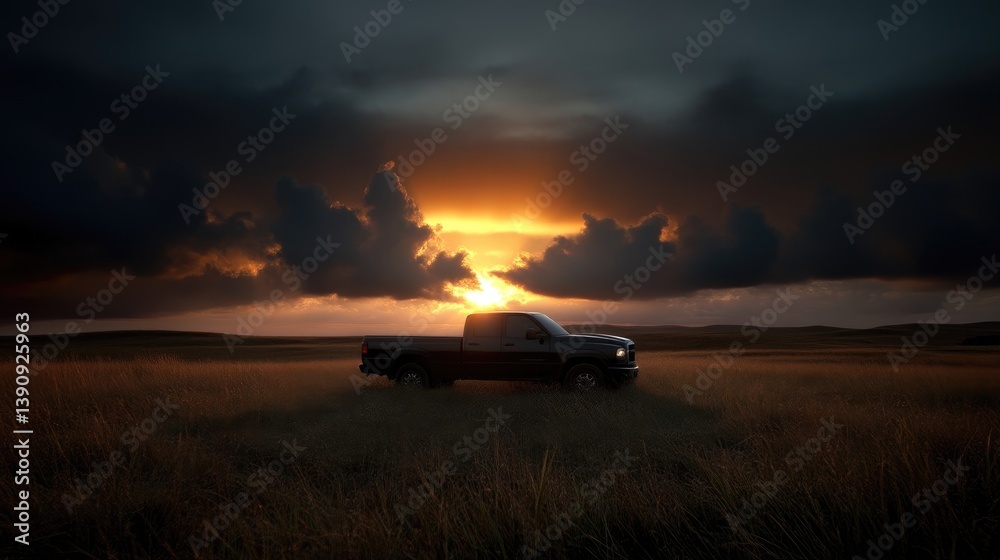 Fototapeta premium Pickup truck at sunset, golden hour