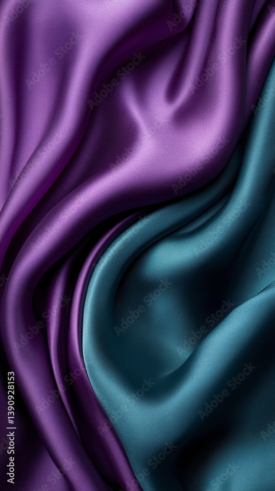 Fototapeta premium A luxurious purple and green silk satin fabric with gentle folds, creating a gradient effect. The shiny surface adds depth and elegance, offering a smooth backdrop perfect for design.