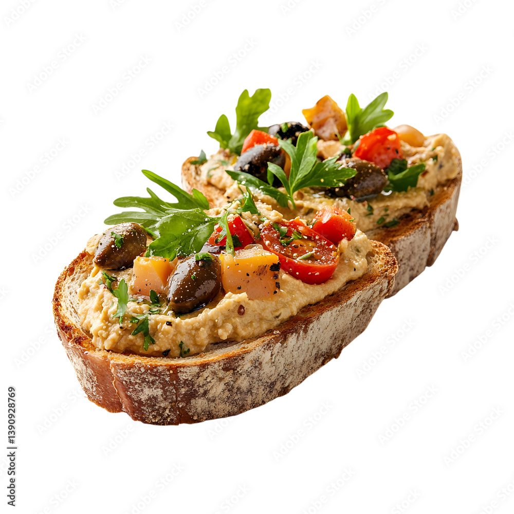 Mediterranean Hummus Toast with Vegetables and Cheese Isolated on Transparent Background Mediterranean Hummus Toast with Vegetables and Cheese Isolated on Transparent Background