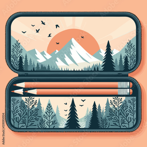Pencil case with mountain landscape illustration  