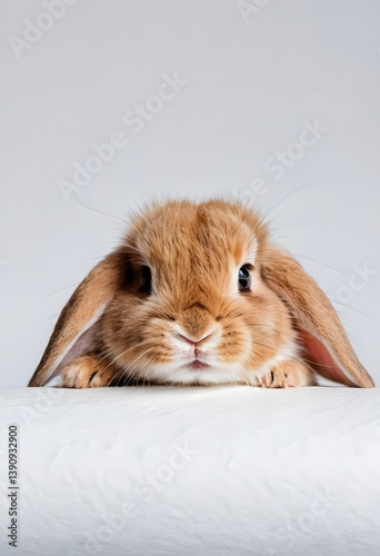 cute fluffy Lop-eared rabbit resting on white background. Pets