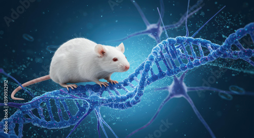 A white mouse is positioned on a vibrant DNA double helix surrounded by neural cells, illustrating genetic research in a laboratory context. This highlights the intersection of biology and technology